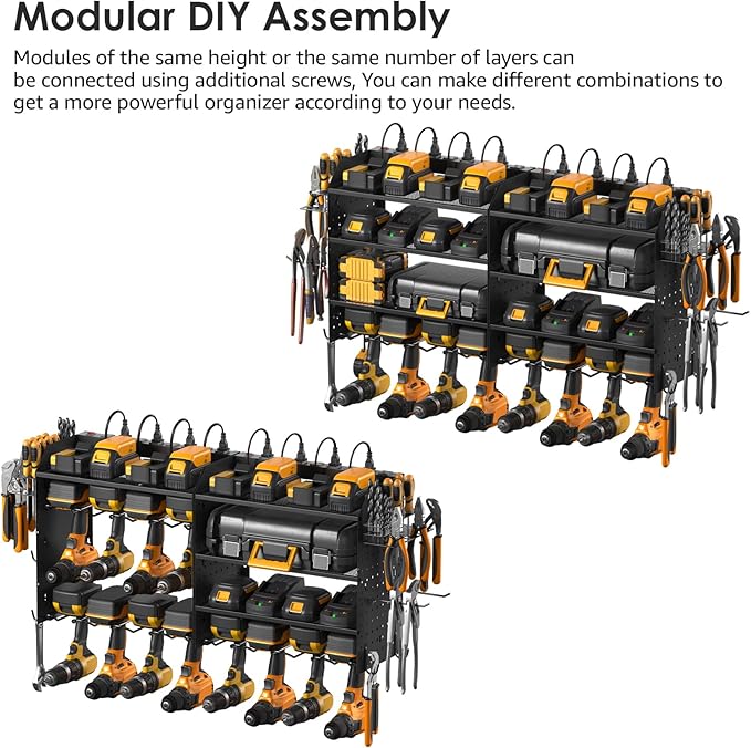 CCCEI Modular Pegboard Rack Power Tool Organizer with Charging Station. 4 Layer Wall Mount Drill Holder, Tool Battery Charger Organizer. Garage Shop Storage Utility Shelf with 10FT Power Strip.-NeatNest