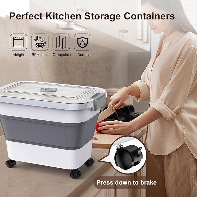 Rice Storage Container, Collapsible Airtight Food Storage Containers 20-30lbs with Clear Lid and Wheels, Rice Dispenser with Scoop for Flour Cereal Pasta Grain, Cat Pet Bird Dog Food Storage Container