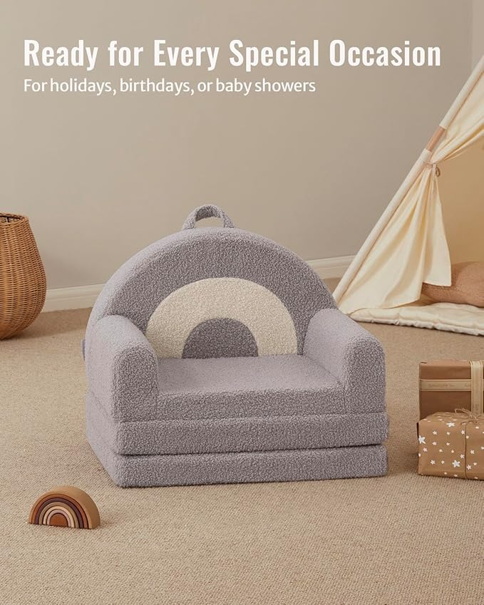 Blissful Diary Foldable Toddler Couch, 2-in-1 Comfy Toddler Chair & Lounger for Reading, Nap, Playroom, Kids Couch Sofa for 1 2 3+ Year Old Girls Boys Birthday Gift, Light Gray Arclet-NeatNest