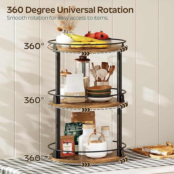 3-Tier Lazy Susan Organizer, Rotating Spice Rack, Spinning Organizer, Industrial Turntable Spice Rack Organizer for Cabinet, Kitchen Countertop, Pantry, Rustic Brown and Black SR23BR-NeatNest