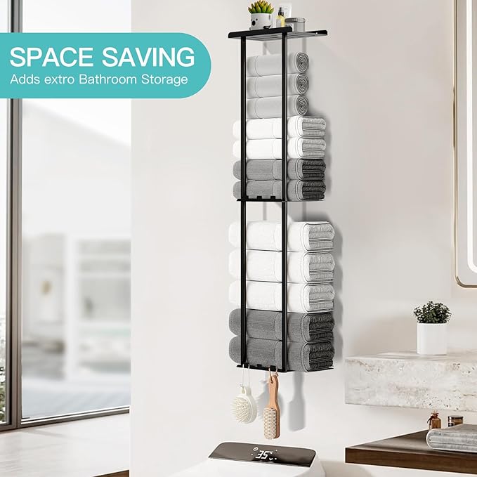 Towel Racks for Bathroom, 36.6 inch Metal Towel Storage, 8 Large Bath Towels Capacity, 3-Tier Towel Holder for Bathroom, with Shelf & 6 Hooks, Wall Mounted Towel Rack for Rolled Towels, Black