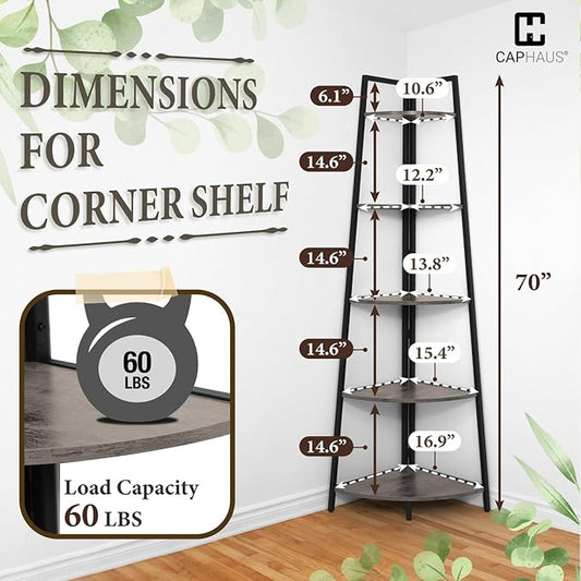 CAPHAUS Tall Corner Shelf Stand, 5-Tier Display Shelves, Ladder Corner Wood Storage Plant Bookshelf with Metal Frame, Versatile Shelving Unit Bookcase for Home Office Space, Dark Grey-NeatNest