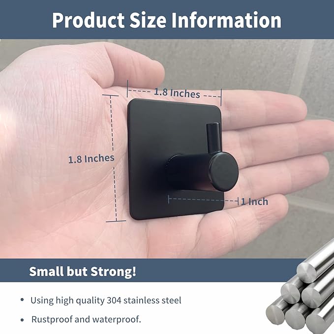 Adhesive Hooks, Waterproof Adhesive Shower Hanger Hooks for Hanging Loofah, Sponge, Towels, Robes Stainless Steel Stick on Shower Hooks for Bathrom Black Removable Sticky Wall Hooks 4 Pcs