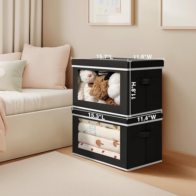 Storage Boxes with Lids - 4 Pack Fabric Clear Window Storage Bins, Large Decorative Storage Bins with Handles, Linen Closet Organizer for Clothes, Towel, Blanket, Black-NeatNest