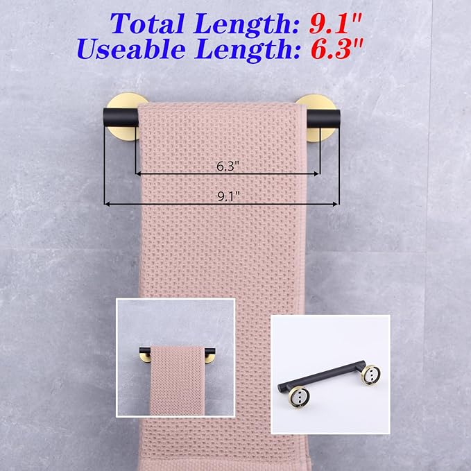 GERZWY 9-Inch Bath Towel Bar Modern Round Style Bathroom Towel Bar SUS 304 Stainless Steel Wall Mount (Black & Gold) AG1101C23-BD