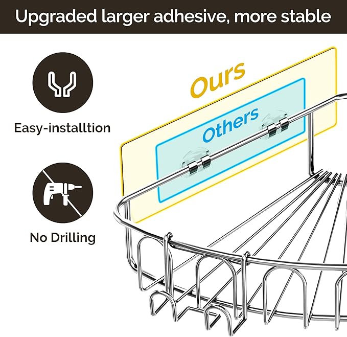 Orimade Corner Shower Caddy Stainless Steel with Hooks Wall Mounted Bathroom Shelf Storage Organizer Adhesive No Drilling 2 Pack, Silver Only for 90-Degree Corner