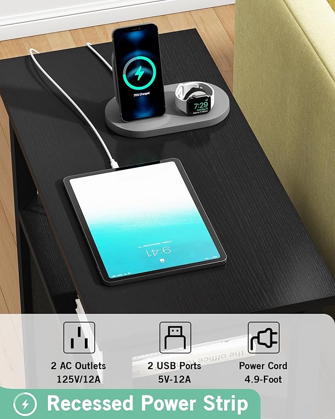 Sandinrayli End Table with Charging Station, Side Table with 2 Drawer & USB Ports & Power Outlets, Nightstand for Small Spaces, Bedside Tables for Living Room Black