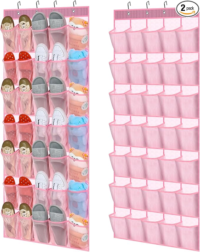 Windyun 2 Pcs 70 Large over The Door Shoe Organizer Hanging Shoe Rack for Closet Holder Pink Mesh Pockets Back to School Behind Door Hanger Storage Nonslip for Home Room School Dorm, Each 35 Pockets-NeatNest