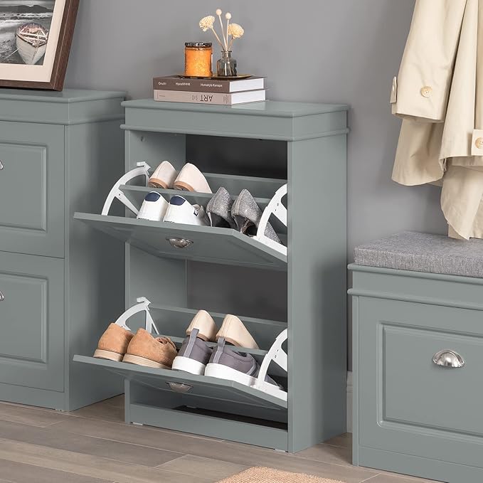 Haotian Small Shoe Cabinet, Grey 2 Flip Drawers Freestanding Shoe Rack, Shoe Storage Cupboard Organizer (9.45" D x 20.87" W x 32.28" H), FSR78-HG-NeatNest