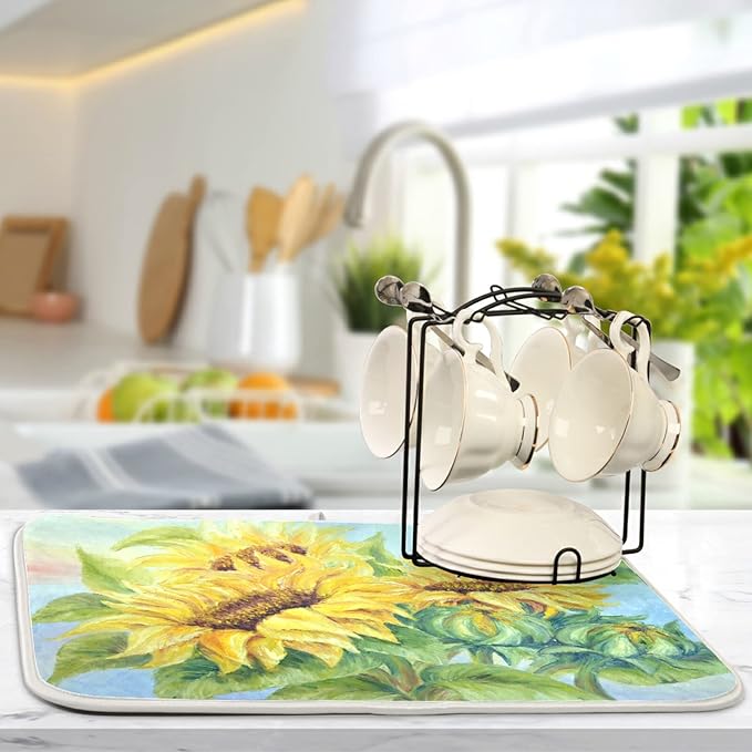 Absorbent Dish Drying Mat for Kitchen Counter - Oil Painting Sunflower Microfiber Drying Pad, Reversible Drainer Mats for Countertop, Small 16" x 18"