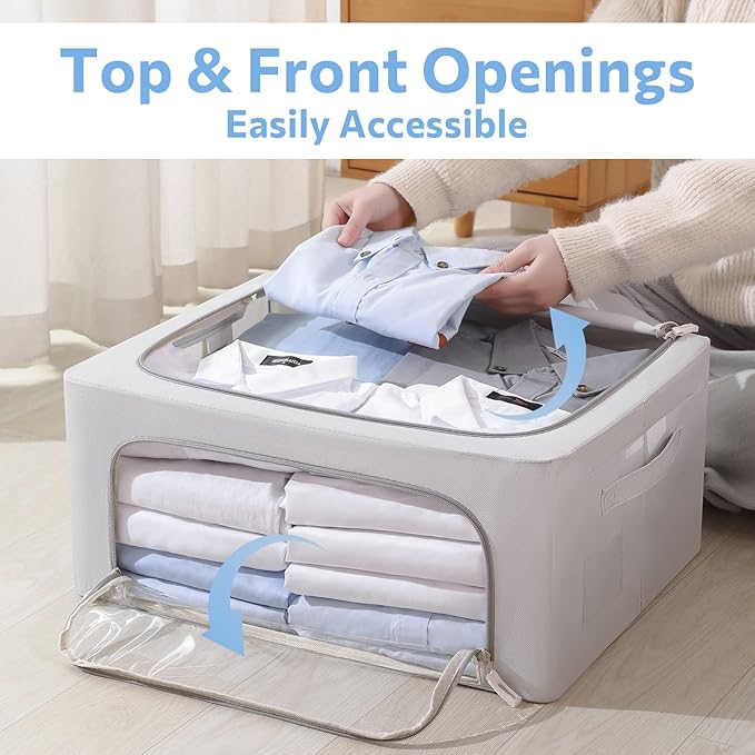 3Pack Frame Storage Box - Clothes Storage Bin Bags Oxford Fabric Foldable Stackable Container Organizer Set with Clear Window & Carry Handles (Grey, Medium-44L)-NeatNest
