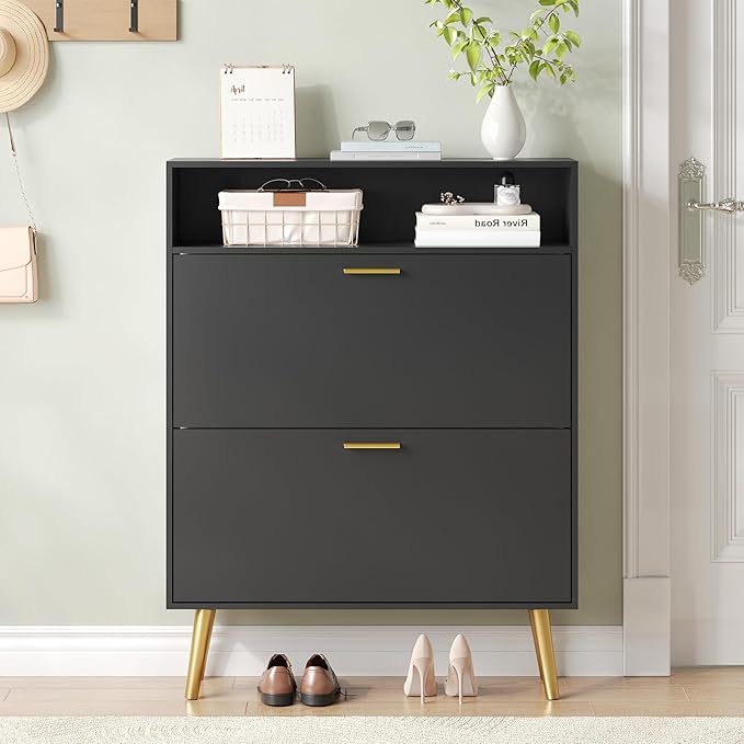 Entryway Shoe Cabinet, Black Shoe Storage Cabinet with 2 Flip Doors and Shelf, Narrow Hidden Shoe Organizer Cabinet Slim, Freestanding Shoe Rack for Entryway, Black-NeatNest