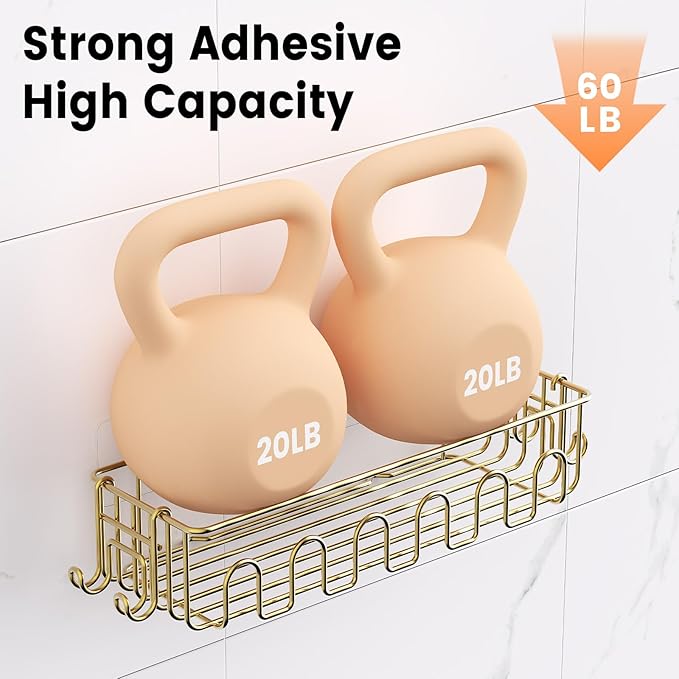 Adhesive Shower Caddy: 2 Bonus Hooks, 4-Pack Wall Mounted Bathroom Storage Shelf, Rustproof Metal Basket Organizer for Kitchen & Bathroom No Drill Gold