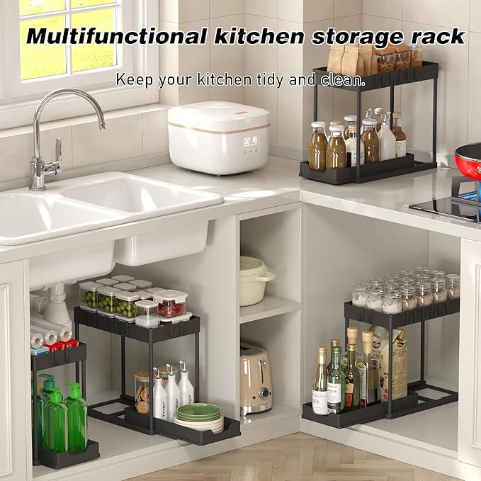 2 Pack Multi-Purpose Pull-Out Storage Organizers, Under Sink Organizers and Storage for Bathroom & Kitchen, Under Cabinet Organizers and storage, 12.8 Inch, Black-NeatNest