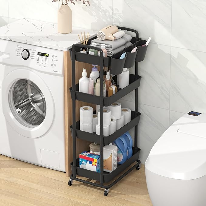 JIUYOTREE 4-Tier Plastic Rolling Storage Cart Utility Cart with Extra Hanging Cups Handles Lockable Wheels for Living Room Bathroom Kitchen Office Black-NeatNest
