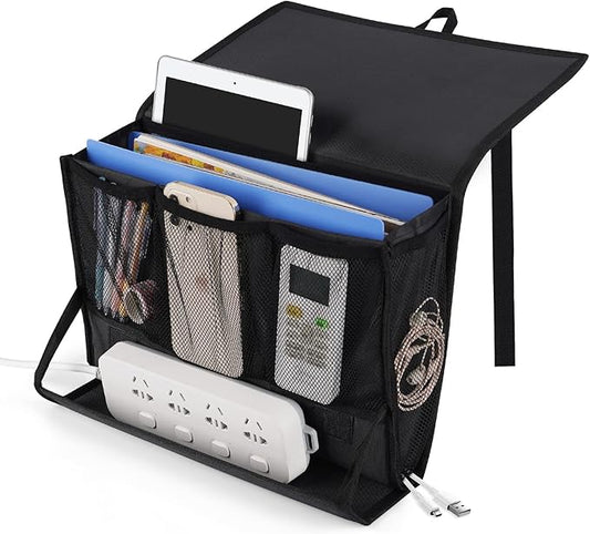 Bedside Storage Organizer with Power Strip Holder and Adjustable Straps Bed Hanging Bag for Home Bunk Bed Dorm Sofa (Black)-NeatNest