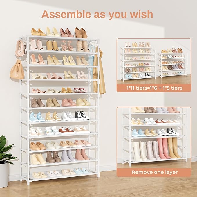 11 Tiers Tall Wide Shoe Rack 55 Pairs Large Capacity Sturdy Durable Shoe Rack for Closet Metal Shoe Organizer Shelf with Two Hooks Space Saving for Entryway White-NeatNest