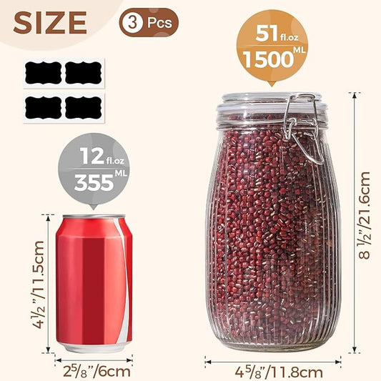 ComSaf Airtight Glass jar with lid 51oz Set of 3, Glass Storage Containers with Lids, Large Glass Canister, Striped Clip Fastening Jar for for Canning, Flour, Pasta,Coffee Beans, Cereal, Rice, Pickle-NeatNest