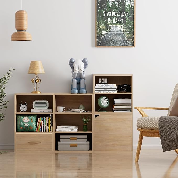 Garden 4 you Cube Storage Organizer Shelf, 3 Tiers Stackable Bookshelf with Drawer, Wooden Display Bookcase with 3 Cube Storage, Small Storage Cabinet for Living Room Bedroom, Natural-NeatNest