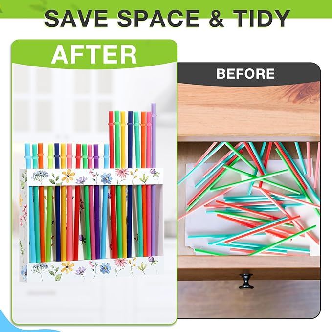 Acrylic Straw Holder for Cabinet Door with Double Sided Adhesive Tape Reusable Straw Organizer Tumbler Storage Kitchen Accessories Container for Counter Cupboard(Floral,Large,White)
