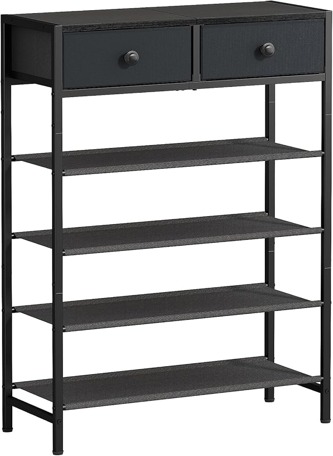 Shoe Rack, 5 Tier Shoe Organizer with 2 Drawers, Metal Shoe Storage for 16-20 Pairs of Shoes with Fabric Shelves and Wooden Top, Narrow Shoe Shelf for Closet Entryway Black Grey-NeatNest