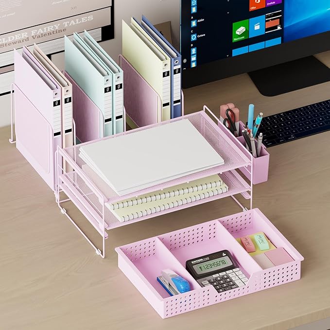 Desk Organizer, Office Organization with Vertical File Holder, File Organizer with Drawer and Pen Holder, Desk Accessories and Workspace Organizers for Home Office (Pink)-NeatNest