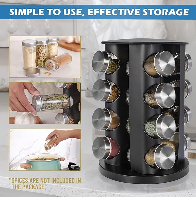 Black Countertop Rotating Spice Rack, 16-Jars Revolving Spice Rack Organizer Tower, 135 Spice Labels with Funnel Complete Set, Seasoning Organizer for Kitchen Countertop, Cabinet-NeatNest