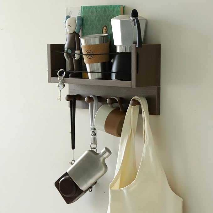Entrance Coat Rack ,Coat Hooks, Wall-Mounted Wooden Hook Rack, Wall-Mounted Shelves are Very Suitable (Walnut Colored Finish-A)