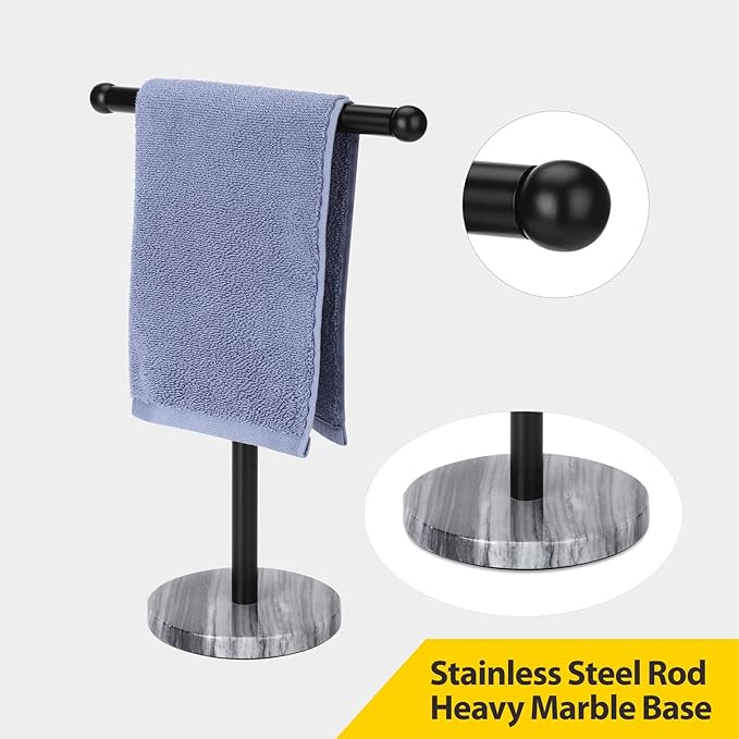 Black Hand Towel Holder Stand with Heavy Marble Base, T-Shape Towel Rack, Free-Standing for Bathroom Vanity Countertop, 304 Stainless Steel (Black)-NeatNest