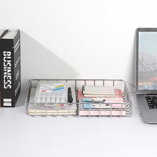 BTSKY Multipurpose A4 File Tray Wire Desk Tray Organizer Elegant Letter Size Desk Documents Tray Magazine Files Storage Basket Organizer Bin for Office Cosmetics Bathroom (Silver)-NeatNest