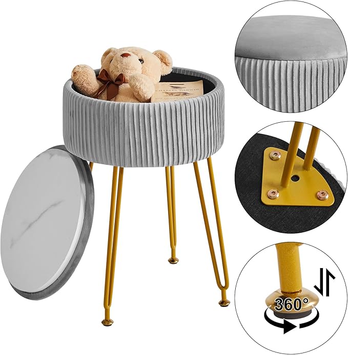 IBUYKE Velvet Storage Footrest Stool Ottoman, Makeup Vanity Stool Side Table with Golden Steel Legs Removable Cover, Coffee Table Top Cover, Grey LG-20G