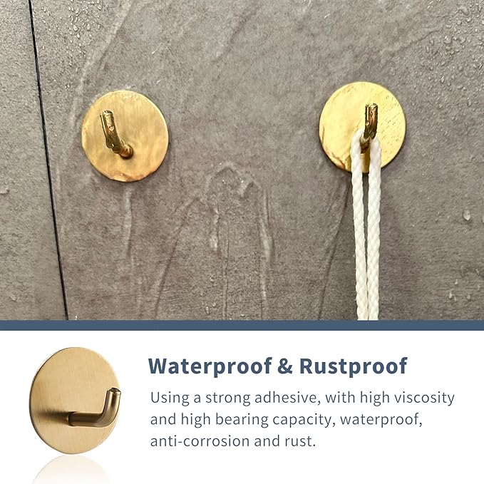 Adhesive Hooks Heavy Duty Waterproof in Shower Hooks for Hanging Loofah, Towels, Clothes, Robes for Bathroom Removable Adhesive Wall Hooks Door Hook Stainless Steel Stick on Hooks 4 Pcs (Gold)