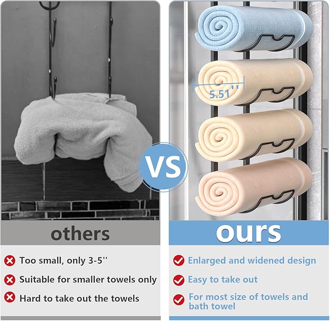 6-Tier Over The Door Towel Rack,Towel Racks for Bathroom, Metal Towel Holder with Storage Basket,Towel Storage for Small Bathroom,Towel Rack for Rolled Towels,Black, TM-6B