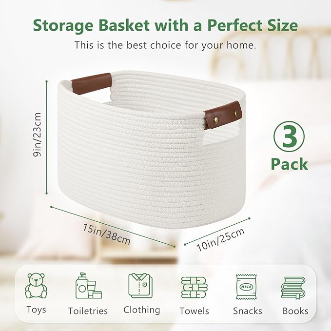 Cotton Rope Basket , Storage Baskets with Handle, 15x10x9 Inch Woven Basket for Shelves, Laundry, Towels, Clothes, Books, Toys (White 3Pack)-NeatNest