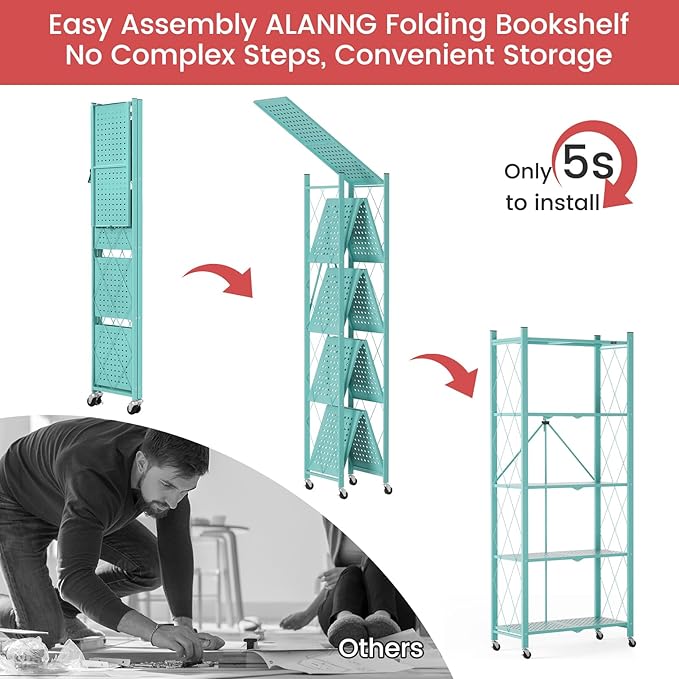 ALANNG 2-Pack Folding Bookshelf on Wheels, Cute Rolling Shelves for Bedroom, Colorful Storage Cart for Kids Rooms, Nursery, No Assembly Metal Book Shelf (5 Tier, Mint Green)
