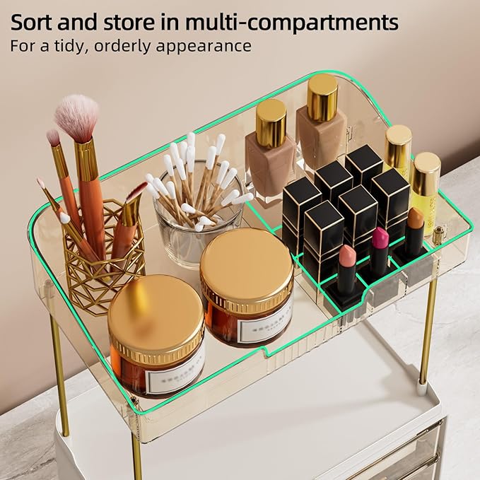 4-Tier 2-Drawer Bathroom Organizer Counter Organization, Multi-Purpose Makeup Skincare Organizers with Compartment, Easy to Install, Exquisit Vanity Shelves, Amber