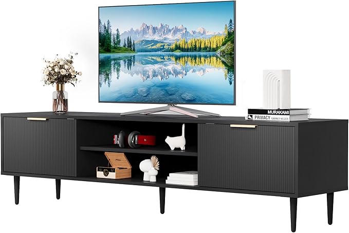 Black TV Stands, Mid Century Modern TV Stand, with 2 Large Storage Cabinets, for TVs Up to 75 in, Black Entertainment Center with Fluted Panel Design, TVs Stands for Living Room, for Bedroom, Office-NeatNest