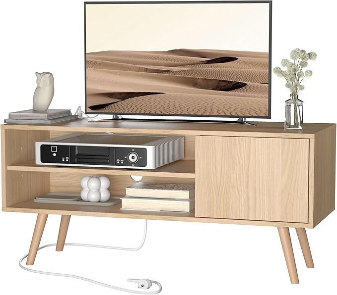 Cozy Castle TV Stand for 48 Inch TV, Mid Century Modern Entertainment Center with Storage Cabinet, TV Media Console with Charging Station for Living Room, Bedroom, Oak-NeatNest