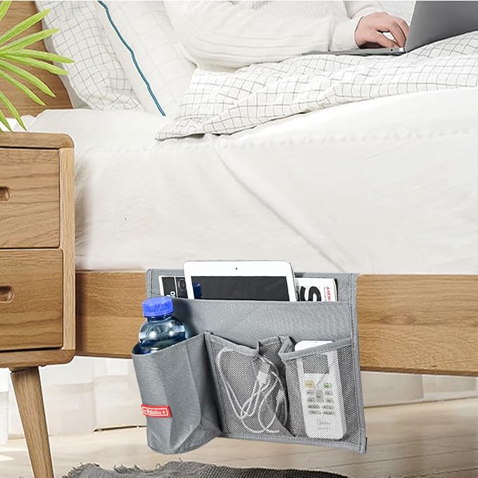 Bedside Caddy, 4 Pockets Bedside Organizer Caddy Under Mattress,Holds Water Bottles,Magazines,Books (Classic 4 Pockets-Grey)-NeatNest