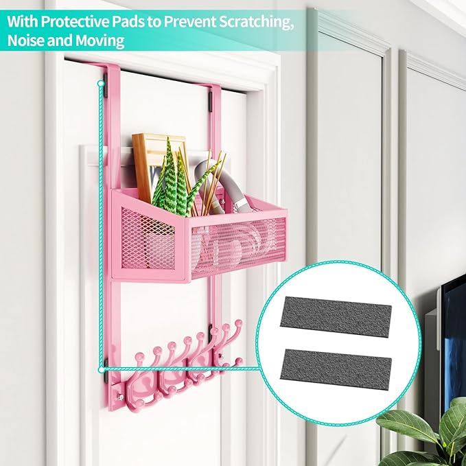 HapiRm Over The Door Hooks - Easy Installation Pink Door Hanger with Basket and 16 Hooks, 304 Stainless Steel Storage Organizer for Towels, Coats, Bathroom, Kitchen, Dorm-Pink