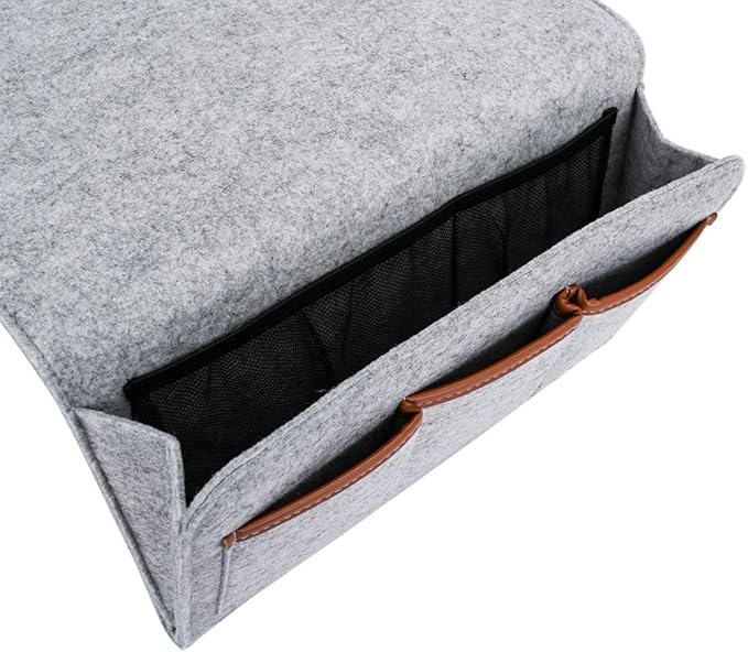 Bedside Caddy, 6 Pockets Large Size Bedside Storage Organizer Bedside Organizer Caddy for Magazine Remotes Phone (13.4'' x 18.1'', Light Grey)-NeatNest