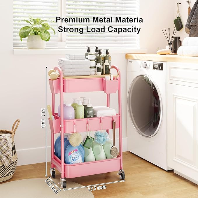 3 Tier Rolling Cart Metal with Wheels & Table Top, Pink Utility Cart with Cups and Hooks, Three Tiered Craft Cart Organizer on Wheels, Storage Carts for Salon, Lash, Hair, Nail, Makeup, Diaper, Book