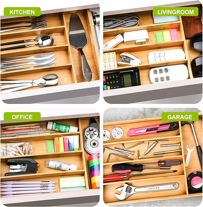 Bamboo Utensil Drawer Organizer, Kitchen Organizer for Flatware Cutlery, Silverware Tray for Drawer (5 Slots, Natural)-NeatNest