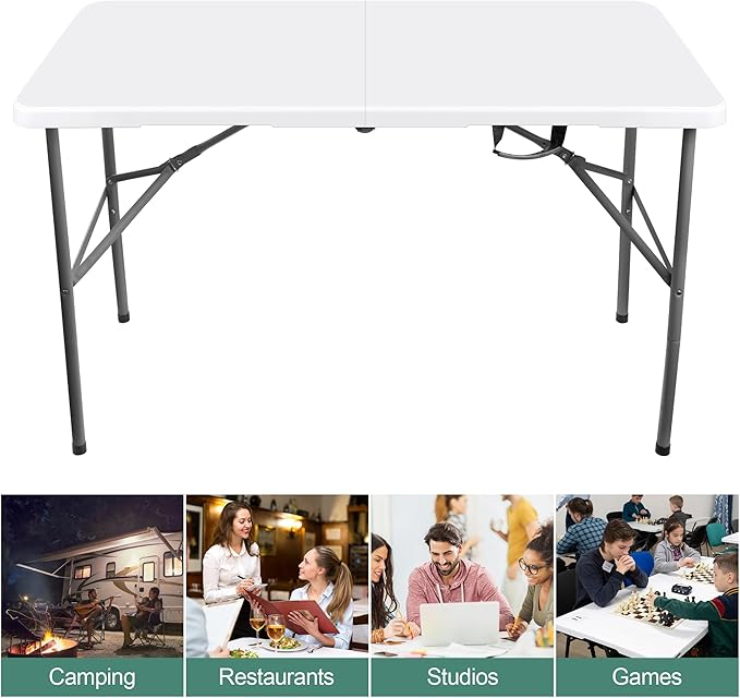 Generic 4 ft Folding Table, Foldable Dining Table, White Plastic Table, Lightweight Portable Table, Industrial Workbench for Board Game, Picnic, Camping with Handle, Locks - White-NeatNest