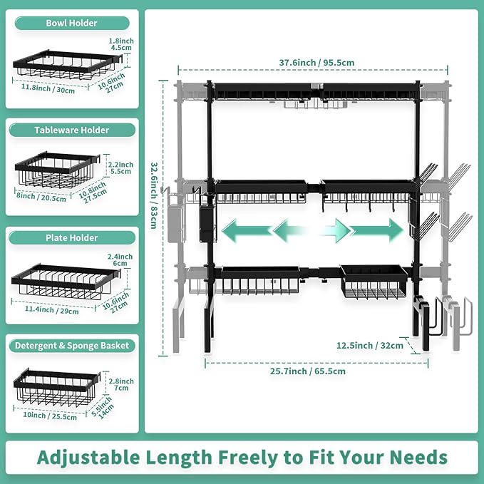 Over The Sink Dish Drying Rack,Expandable Length 3-Tier Large Stainless Steel Over The Sink Dish Rack with 6 Baskets, Utensil Holder Dish Drainers for Kitchen Counter