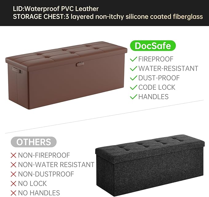 DocSafe Storage Ottoman Bench,Fireproof&Waterproof Folding Bench with Lock(15”x 43”x15”),Leather Storage Chest with Handles&2 Extra Boxes,Ottoman Safe for Bedroom,Living Room,Home Office,Brown-NeatNest