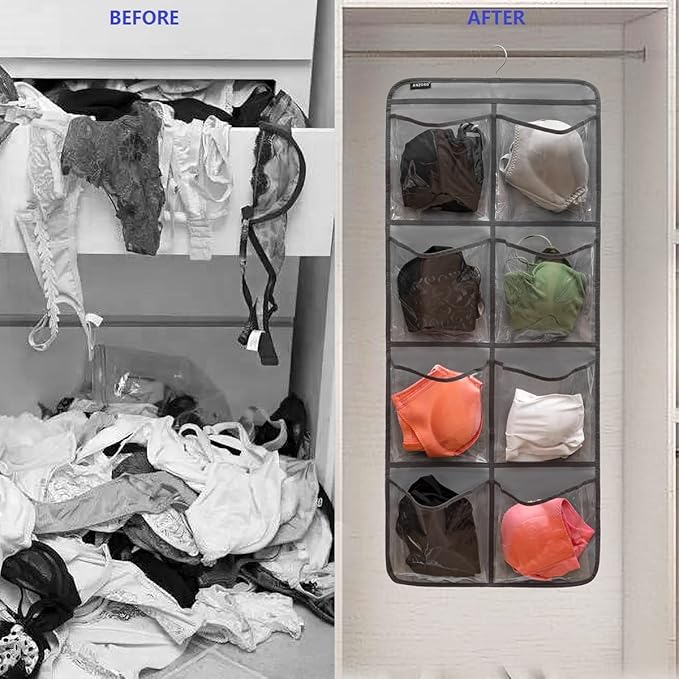 Dual-Sided Hanging Closet Organizer for Socks Underwear Bra Kids Storage Organizer for Baby Clothes Toddler Shoes with 26 Pockets (Grey-Clear Pockets)-NeatNest