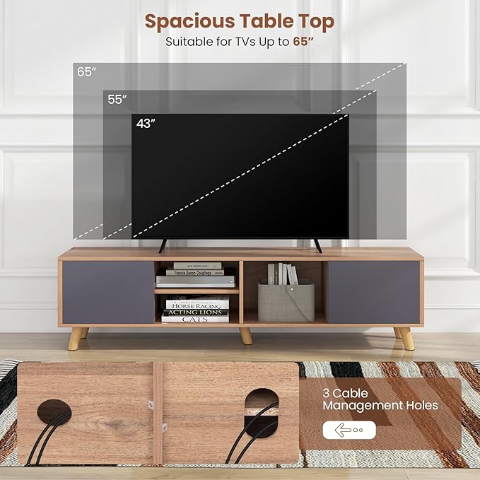Tangkula TV Stand for TVs up to 65 Inch, Media Entertainment Center with 2 Doors, Open Shelves, TV Console Table with 3 Cable Management Holes, TV Cabinet for Living Room (Natural + Gray, for 65" TV)-NeatNest