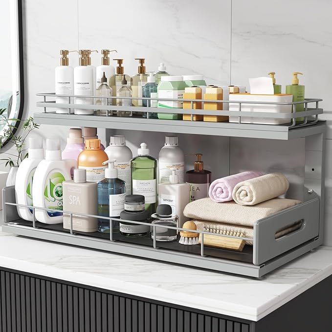 2 Pack 21 in Depth Pull Out Cabinet Storage with Smooth Rails,2-Tier Dual Pull Out Cabinet Storage for Bathroom Kitchen,Under Sink Shelf-Gun Gray-NeatNest