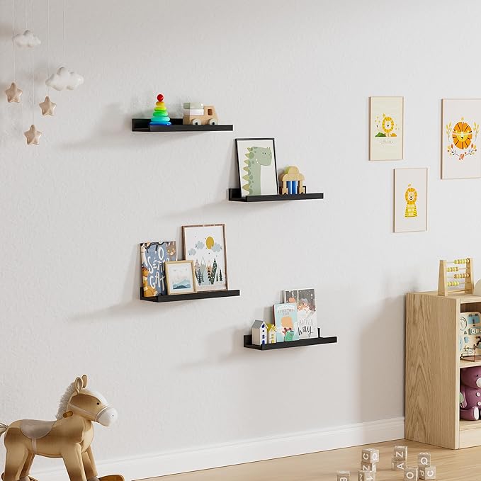 Floating Shelves for Wall, 16 inch Solid Wood Picture Ledge Shelf, Picture Shelf for Wall with Ledge, Floating Book Shelves for Living Room Bedroom Kitchen Nursery Decor, Black, Set of 2-NeatNest